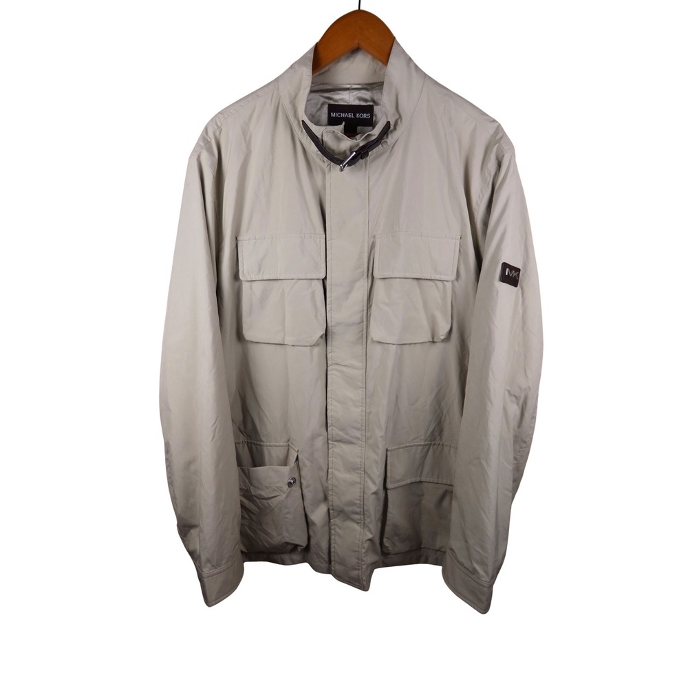 Michael Kors Mens Field Jacket Khaki Beige Utility Multi Pocket Coat L Exc